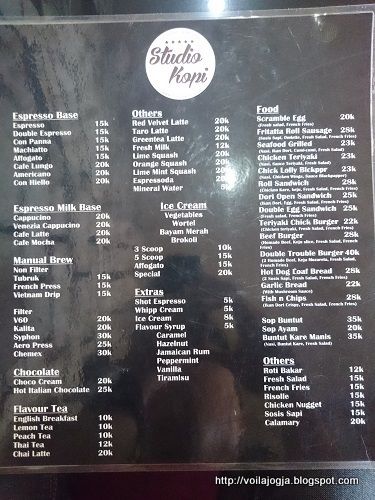 Studio Kopi Yogyakarta Menu